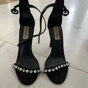 Solitaire Black Jeweled Ankle-Tie Heels
